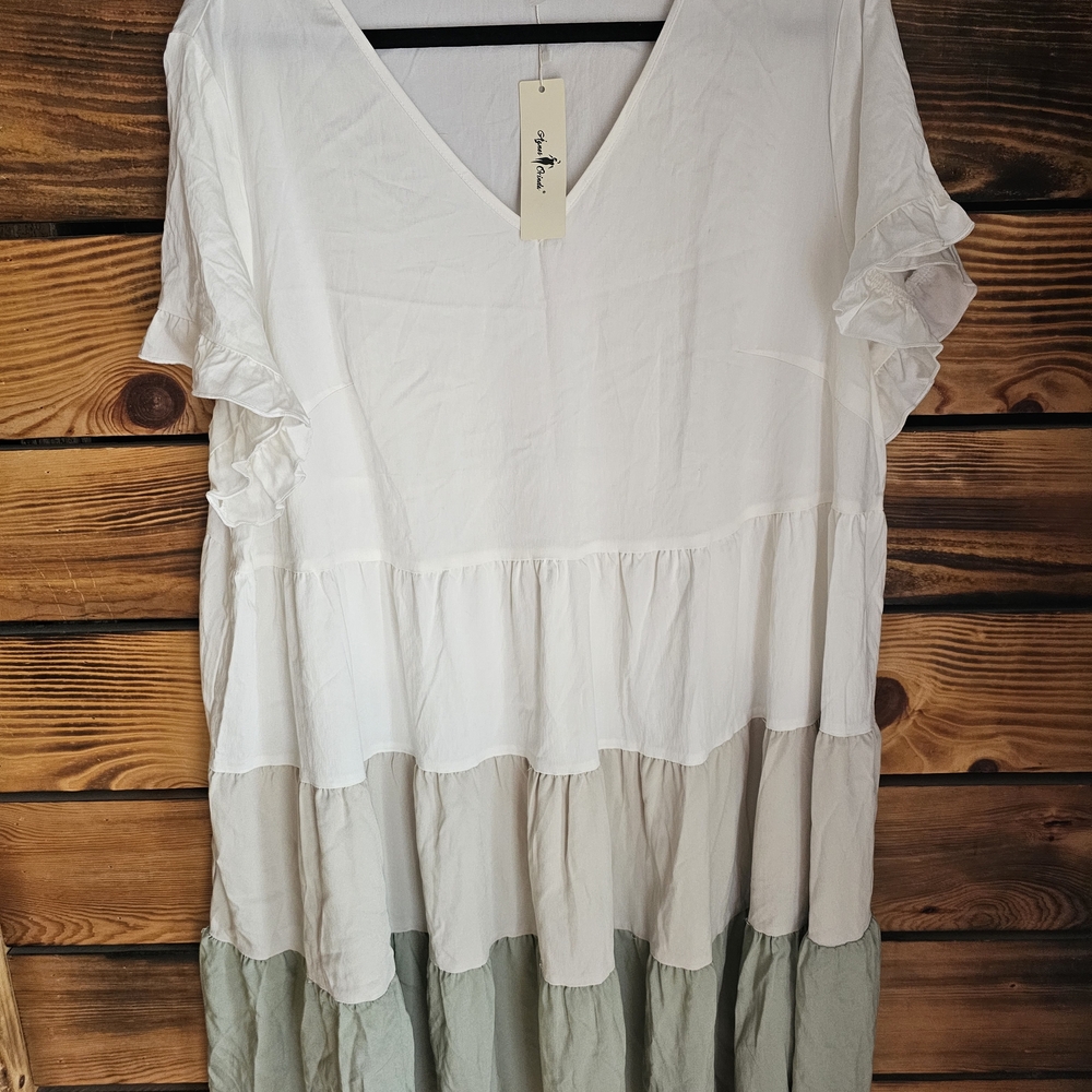 Elegant White and Green Tiered Midi Dress